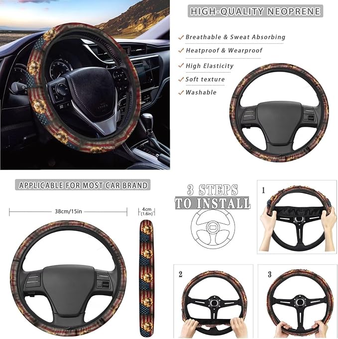 Xoenoiee American Flag and Eagle Car Seat Cover Front & Rear Seat Cover with Steering Wheel Cover + Seat Belt Cover+ Cup Coasters+ Key Chains Universal Fit for Van Truck SUV