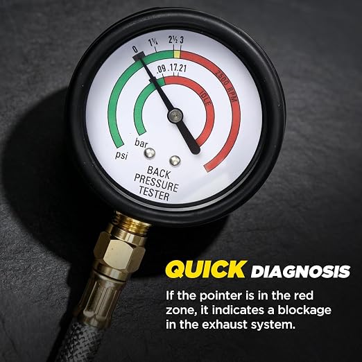 Exhaust Back Pressure Tester Kit, Car Gauge Set, 6.2FT Stainless Steel Hose | Brass Quick-Connect Coupler, Included Gloves, Carrying Case, M12 and M18 Adapter, Easy Operation, 3-Year Warranty