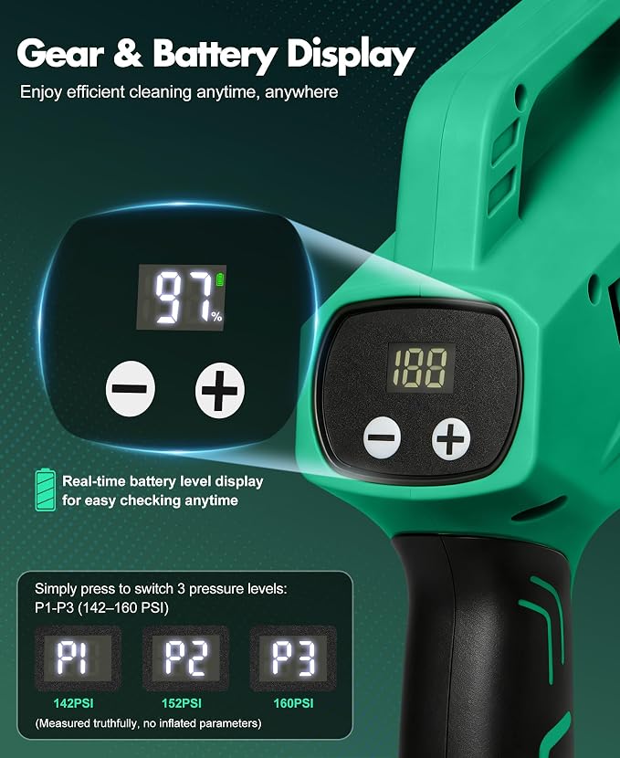 DeeprClean Cordless Car Washer with 6-in-1 Nozzle, Portable Vehicle Cleaning Tool with Brushless Motor |3 Adjustable Levels & Battery Display | Lightweight Spray Tool for Car, Patio Outdoor Use-Green