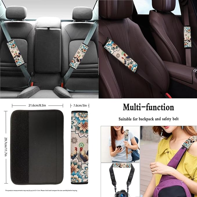 Suobstales Boho Mandala Highland Cattle Print Car Seat Covers Full Set for Women Men Seat Cover Protector Auto Decorative with Steering Wheel Cover + Seat Belt Covers + Coasters + Keychains