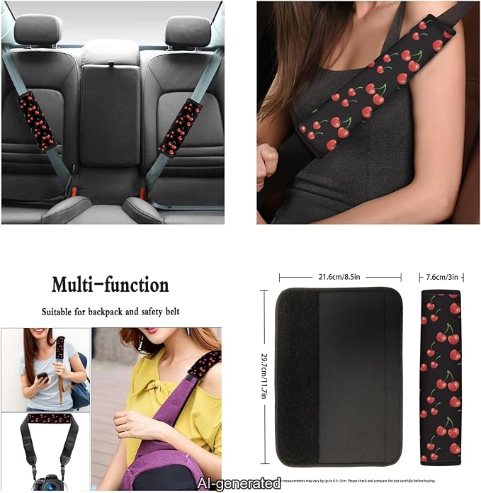 Ystardream Stylish Cherry Car Seat Covers Full Set Cherry Car Accessories for Women Front Seat Cover Steering Wheel Armrest Cover Seat Belt Cover Cup Holder for Auto SUV Interior Decoration