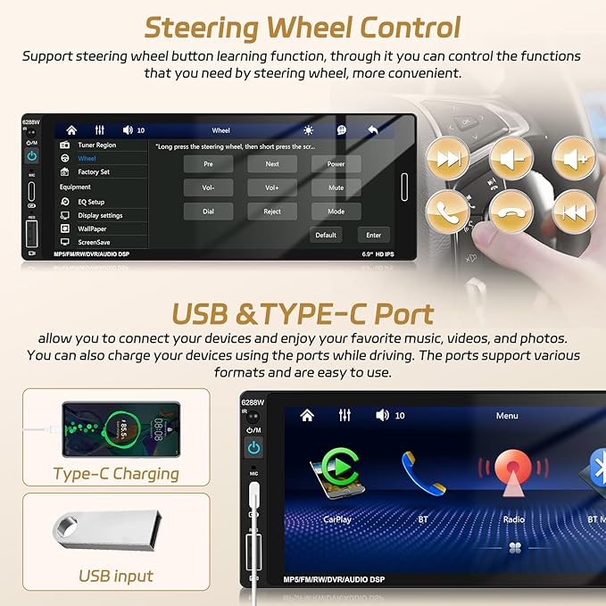 6.86 Inch Wireless CarPlay Car Stereo, Touch Screen Android Auto Radio with Mirror Link, Single Din Bluetooth 5.0 Audio Receiver with FM/RDS, EQ, Power-Off Memory,TF/USB/SWC + Rear View