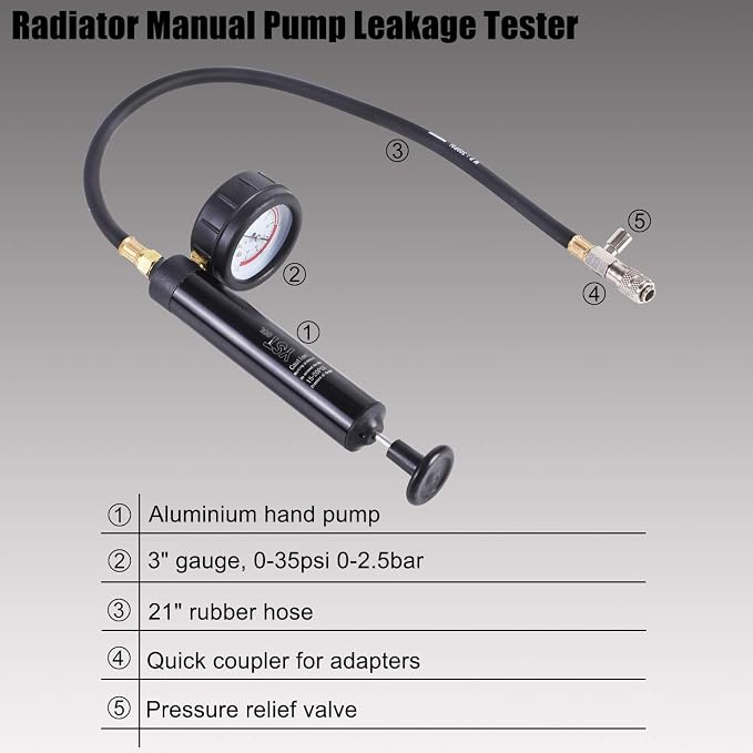 YSTOOL Radiator Pressure Tester Pneumatic Vacuum Cooling System Purge Refill Kit 28PCS Universal Automotive Water Tank Leak Test and Coolant Fill Tool Set with Adapters Gauge Case