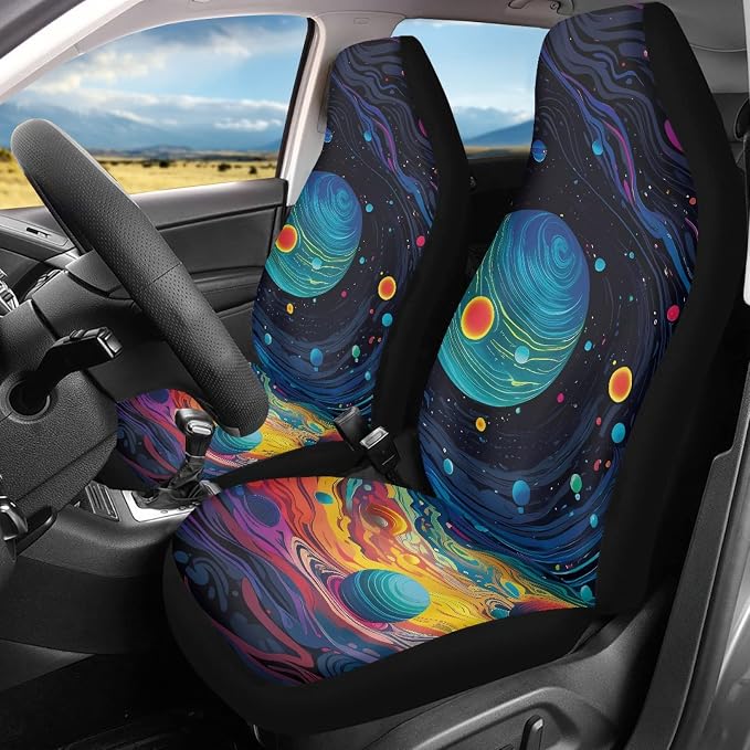 Howilath Psychedelic Space Planet Print Car Seat Covers/Steering Wheel Cover/Seatbelt Pads/Coasters/Keychain/Armrest Cushion, 10pcs Auto Interior Accessories