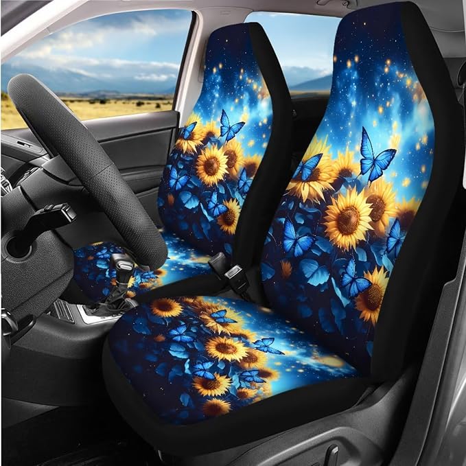 Sunflower Butterfly Print Car Seat Covers Full Set with Auto Steering Wheel Cover Car Armrest Pad Protectors Auto Seat Belt Pads, Automotive Interior Accessories - 8 Pack