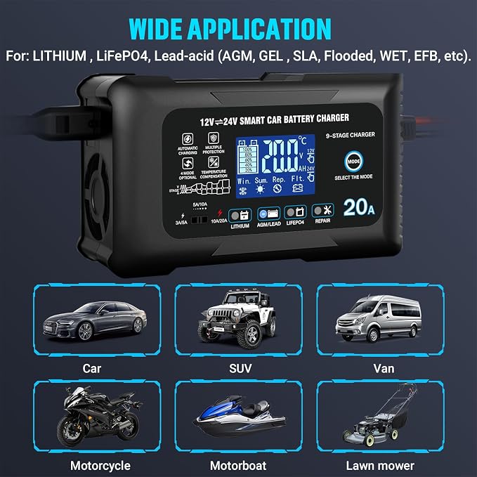 20Amp: 12/24V Smart Car Battery Charger – Automatic Maintainer, Trickle Charger & Desulfator with Overcharge Protection & Temperature Compensation – for Lead-Acid & Lithium & LiFePO4 Batteries