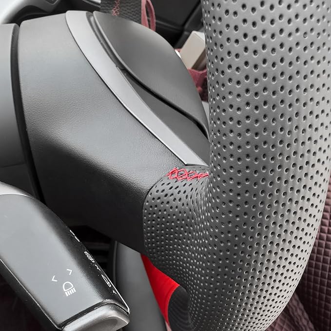 MEWANT Hand Stitch Black Red Faux Leather Steering Wheel Cover Wrap for Model Y 2020-2023 Tesla Model 3 2017-2023