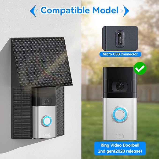 4W Solar Charger Compatible with Ring Video Doorbell (2020 Release) (Micor USB Port) Waterproof Continuously Ring doorbell Solar Panel - Black