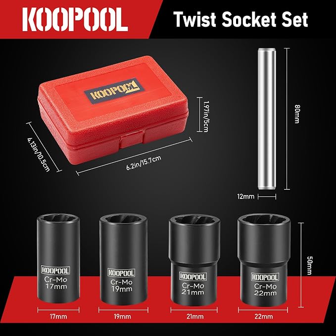 Twist Socket Set 5 Pcs Lug Nut Remover, Bolt Nut Extractor Set, Metric 17-22mm Wheel Lock Removal Kit with Drift Punch Nut Removal Bar