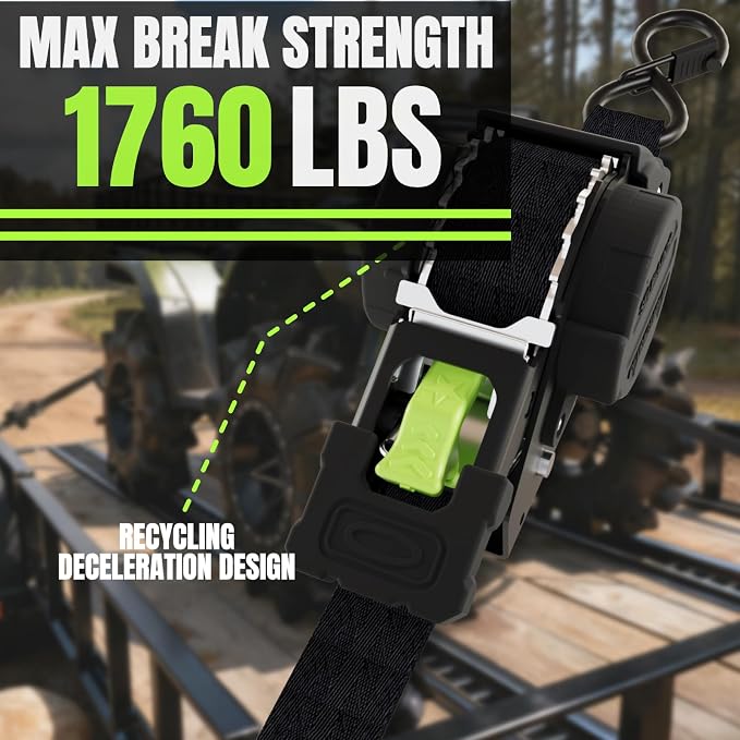 Retractable Ratchet Straps 1''x 12ft Heavy Duty Tie Downs Bolt on Auto Retract Ratchet Strap 1760lb Break Strength Self Retracting for Truck,Cargo,Trailer,Motorcycle,ATV,UTV (Black-Green,2 Pack)