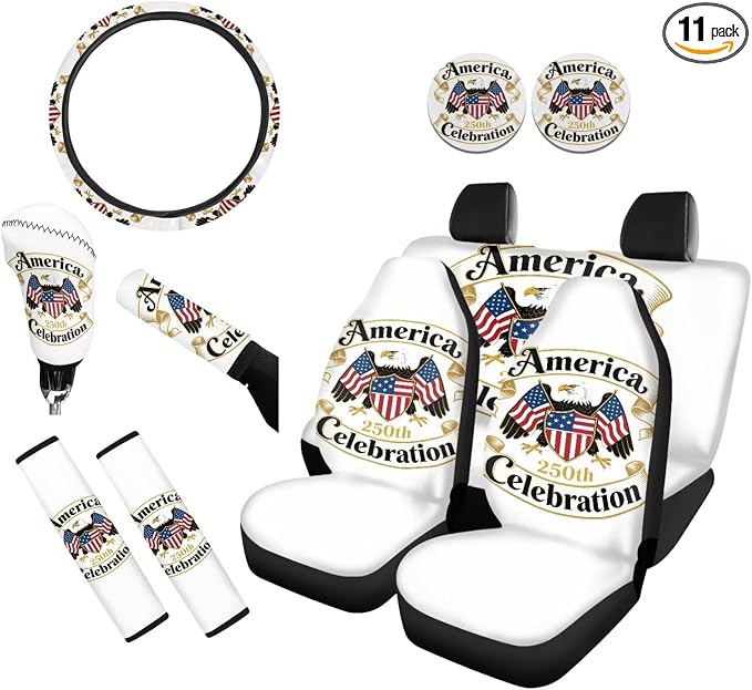 America 250th Celebration Eagle Seat Covers for Car SUV Truck 11 Pack Patriotic Auto Decor with Full Set Accessories for 4th of July, Steering Wheel Cover & Seatbelt Pad Cover