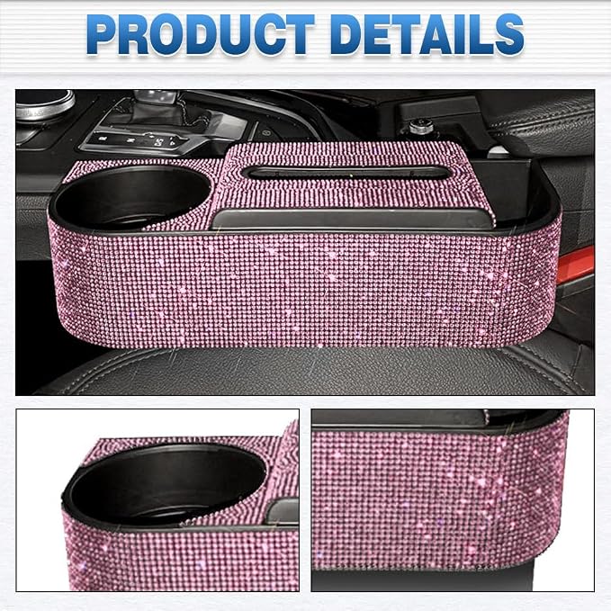 Auto Gap Filler Multifunctional Car Seat Organizer, Multi-Function Tissue Storage Box w/Cup Holder, Auto Console Side Storage Box, Pink Rhinestone - Pink