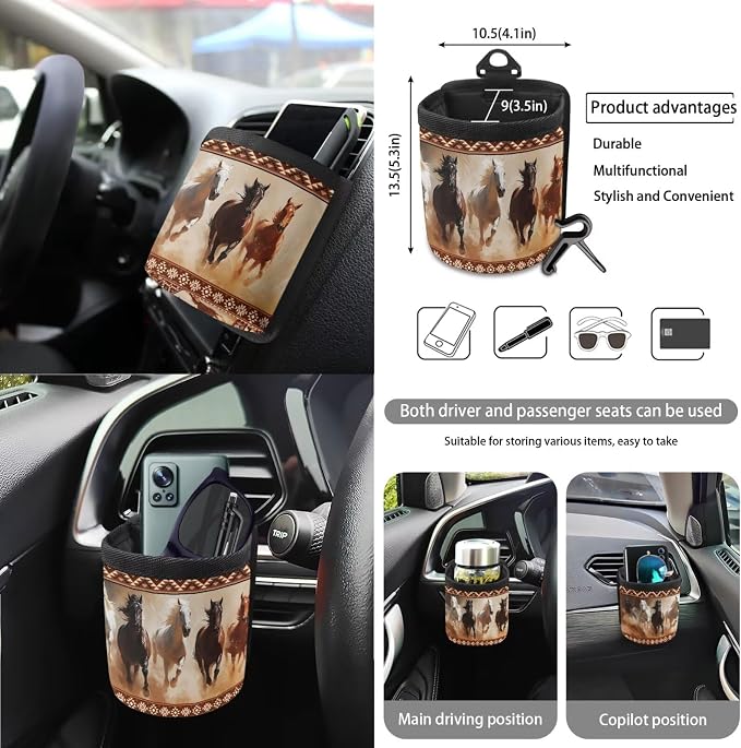 Aztec Horse Printed Car Seat Cover Full Set 15 Pcs with Steering Wheel Cover Seat Belt Pads Cup Coasters Trash Bag Air Vent Case Rearview Mirror Cover Keychain Auto Accessories
