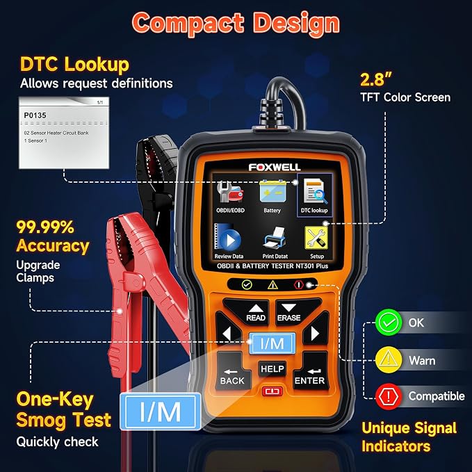 FOXWELL NT301 Plus 2 IN1 OBD2 Scanner Battery Tester with Storage Case Code Reader Scan Tool