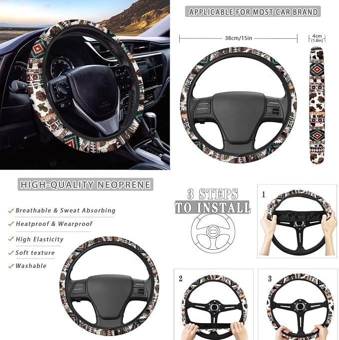 Wanyint Car Seat Covers Set 12 Pieces for Women, Soft Auto Seat Protector Steering Wheel Seat Belt Armrest Pad Handbrake Gear Shift Cover Coasters Car Interior Decor, Aztec Navajo Cow Print