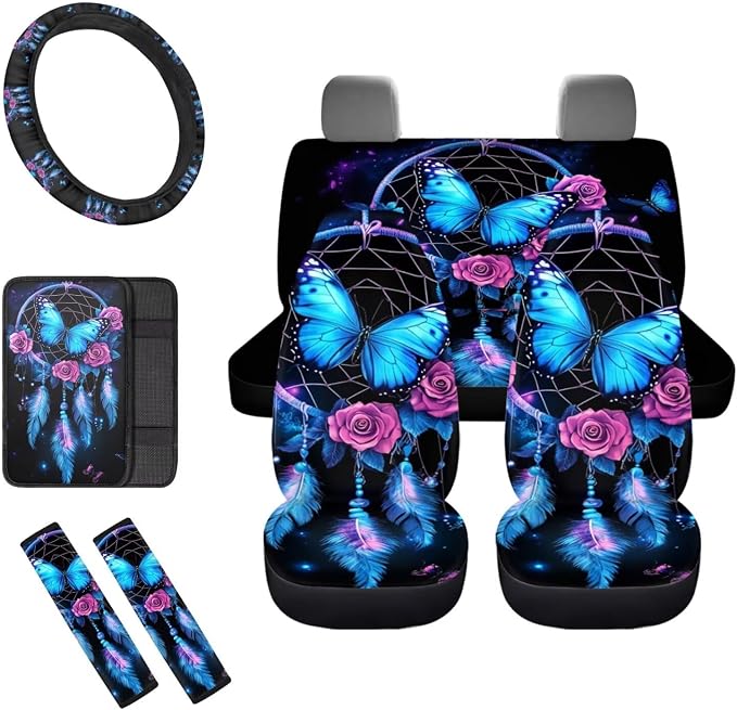Dream Catcher 8 Pcs Butterfly Rose Car Seat Covers Full Set Car Accessories for Women Front Seat Cover Steering Wheel Armrest Cover Seat Belt Cover for Auto SUV Interior Decoration