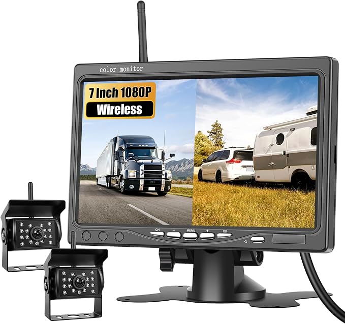 SIXWIN 7 Inch Wireless Backup Camera for Truck with 1080P Rear View Camera System for Cars, 4 Channels Split Screen, BSD Alert, Night Vision, IP68K Waterproof, for Truck, Pickup, Trailer
