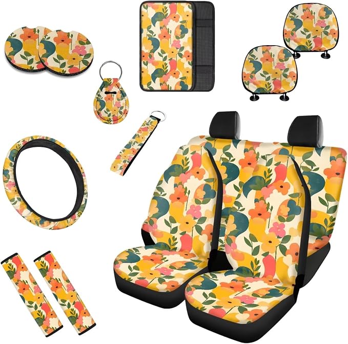13 Pcs Yellow Wild Flower Car Seat Covers, Flowers Geometric Vehicle Headrest Cover Keychain, Abstract Floral Leaf Automotive Interior Covers for Sedans, Trucks