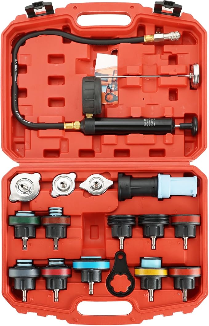 ATPEAM 18pcs Radiator Pressure Pump Cooling System Car Leak Tester Detector Tool Water Tank Adapter Auto Coolant Vacuum Purge Head Gasket