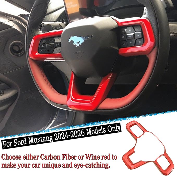 MUXEE Steering Wheel Button Frame,for Ford Mustang 2024 2025 2026 - ABS Wine red Sport Steering Wheel Frame Cover Steering Wheel Button Wrap Accessories