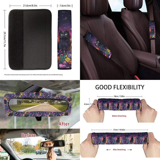 Suobstales Galaxy Cat Daisy Print Car Seat Covers Set of 13 with Universal Steering Wheel Cover, Rearview Mirror Cover, Car Trash Can, Seatbelt Pads, Cup Holder Coasters, Keychains