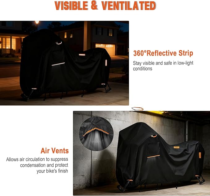 Saking 3XL Larger Motorcycle Cover for Harley Davidson, Heavy Duty 420D Waterproof Outdoor Cover with Lock Holes & Air Vents, Fits Touring, Cruiser, Adventure Bikes (Widened Rear Design)