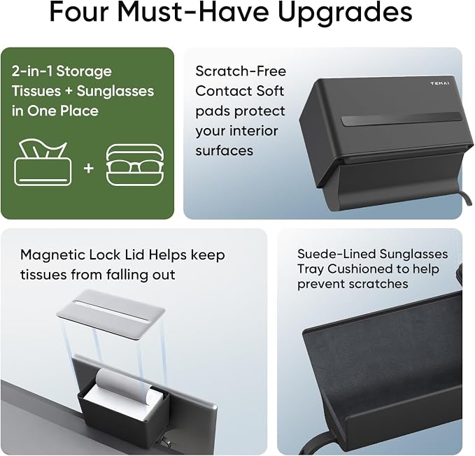 TEMAI 2-in-1 Behind Screen Organizer for 2025 Tesla Model Y Refresh Juniper, Magnetic Tissue Box & Flocked Sunglasses Drawer, Sensor-Safe Anti-Rattle Tray, Matte Black