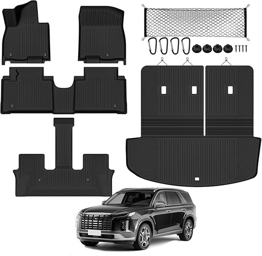 Tongama-Floor Mats for 2026 Hyundai Palisade(Only Hybrid), All Weather TPE Trunk mat with backrest mat and Cargo Net for Hyundai Palisade Floor Liner Accessories
