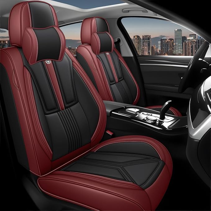 Arazi Seat Covers for 90% of Mercedes-Benz, 360° Full Wrap Original Seat Cover, Waterproof Nappa Leather Seat Covers with Big Space Storage Pocket Seat Protector（5 Seats Luxury, Black&Red）