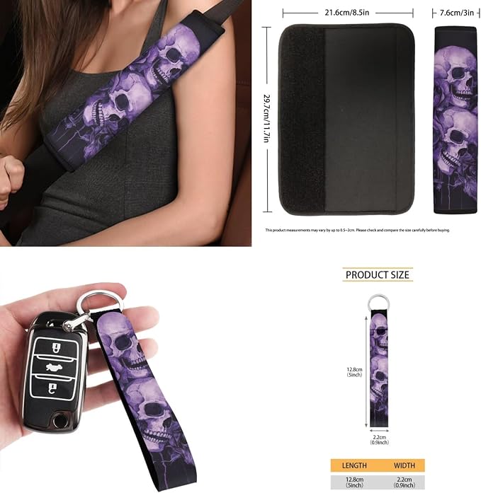 15 Pcs Purple Rose Skull Car Seat Covers Full Set for Women Goth Car Accessories Interior Car Steering Wheel Cover Seatbelt Covers Trash Bin Rear View Mirror Cover Cup Holders Keychain