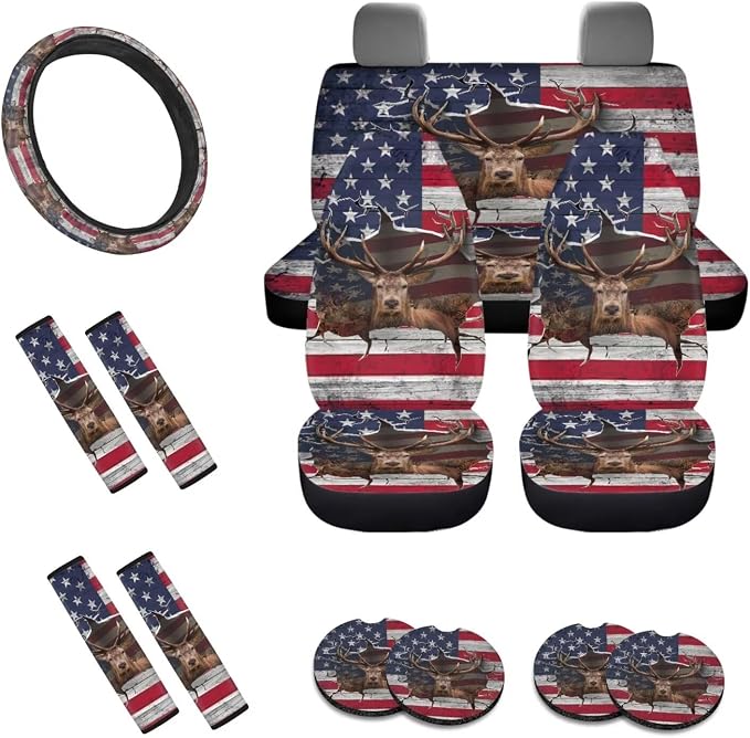 3D Deer American Flag Print Car Accessories Set of 13, 4 PCS Car Front and Rear Seat Covers, 1 Steering Wheel Cover, 4 PCS Soft Seat Belt Shoulder Pad and 4 PCS Cup Coasters Fit for SUV Van