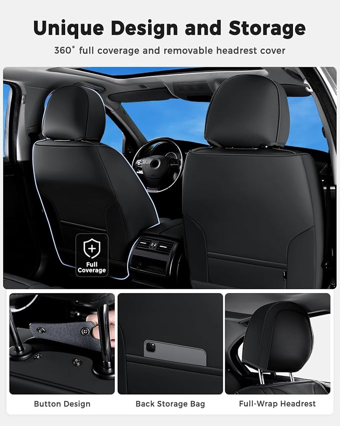 Huidasource Black Front Seat Cover Luxury Nappa Leather, Front Car Seat Cover with Airbag, Front Storage Pocket, Lumbar Support, Cooling＆Heating, Universal Fit for Most Cars SUV Trucks, Black