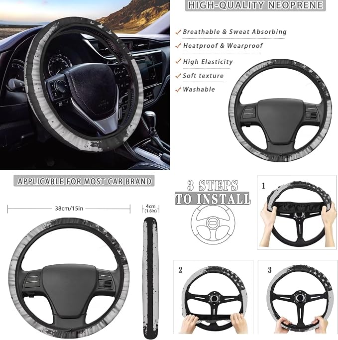 KEIAHUAN Patriotic American Flag Print Car Seat Covers with Steering Wheel, Gear Shift, Handbrake, Cup Holder, and Headrest Covers Auto Accessories Set Fit Most Van Sedan Truck SUV