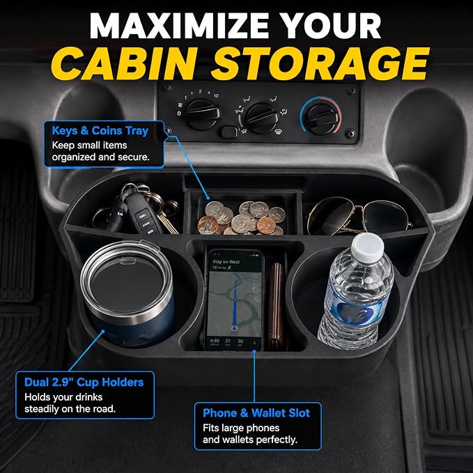 Center Console Organizer Tray for Freightliner M2 106 & S2RV Accessories | RV Dashboard Extension Tray with Dual Cup Holders & Gadget Storage, Easy-Clean Cab Organizer (Fits Factory Ashtray Slot)