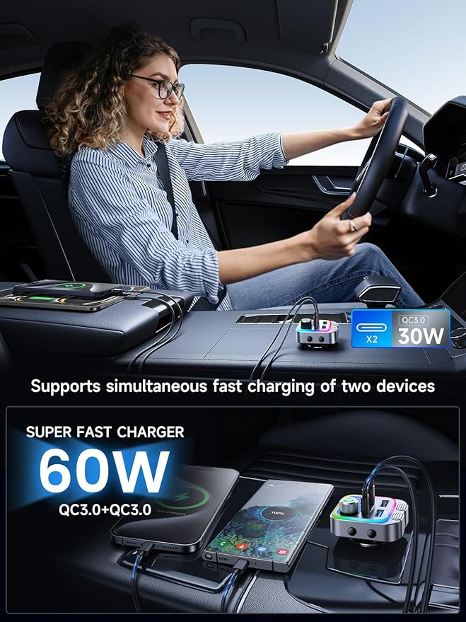 60W Bluetooth 5.4 FM Transmitter Car Adapter [Reinforced Dual Mics & Deep Bass] [Dual PD 60W & QC3.0] Fast Charging Handsfree Calling Wireless Radio Bluetooth Transmitter for Car [Silver]