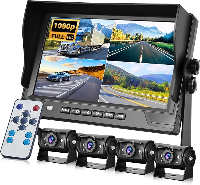 4 Channel 9 inch IPS Backup Camera System with Monitor for Tracks,RVs,Tractors, Bus, CementTruck, HD 1080P Wired Reverse Camera Waterproof Night Vision 4 Cameras Support Recording, Plug and Play