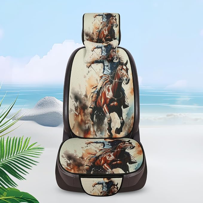 Luxury Boho Car Seat Covers Set,5-Seat Full Set with Headrest,Cowhide cowboy Ranch Western Vintage Bohemian Pattern Honeycomb Knit Fabric,Breathable&All-Season Universal Automotive Seat Protectors