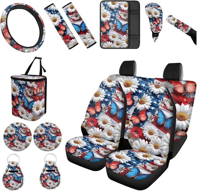 Forchrinse Butterfly Daisy Print Car Seat Covers Full Set for Women American Flag Seat Cover Combo Set with Steering Wheel Armrest Seatbelt Covers Patriotic Car Protector