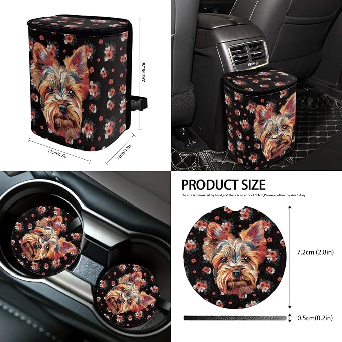 Suobstales Yorkshire Flower Print Car Accessories Set of 13, Car Front & Rear Seat Covers with Steering Wheel Cover, Seat Belt Pad, Trash Can, Rearview Mirror Cover, Coaster, Keychains