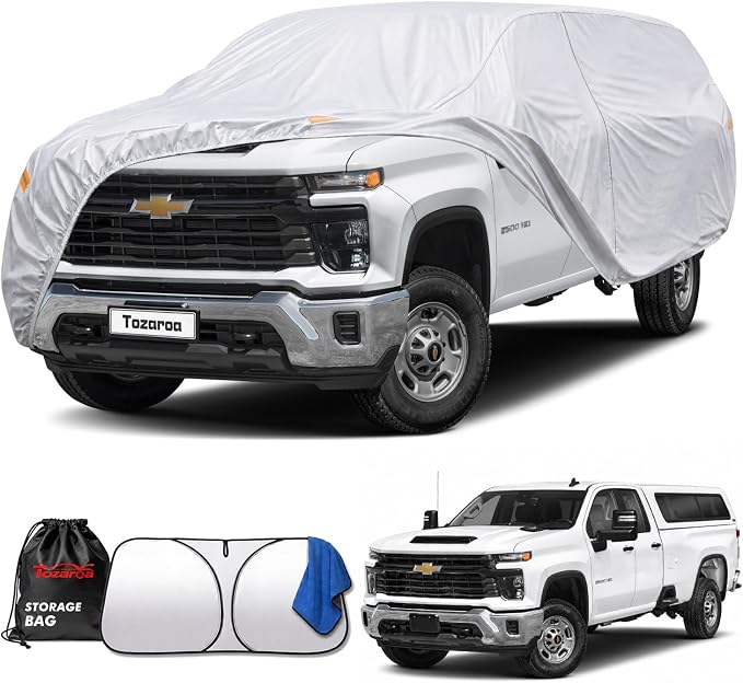 Car Cover Waterproof All-Weather,Heavy-Duty Outdoor Full Exterior Automobiles Snow Cover for Truck Cover with Camper Shell Topper 242-262 inch,with Windshield Sun Shade,Towel&Storage Bag