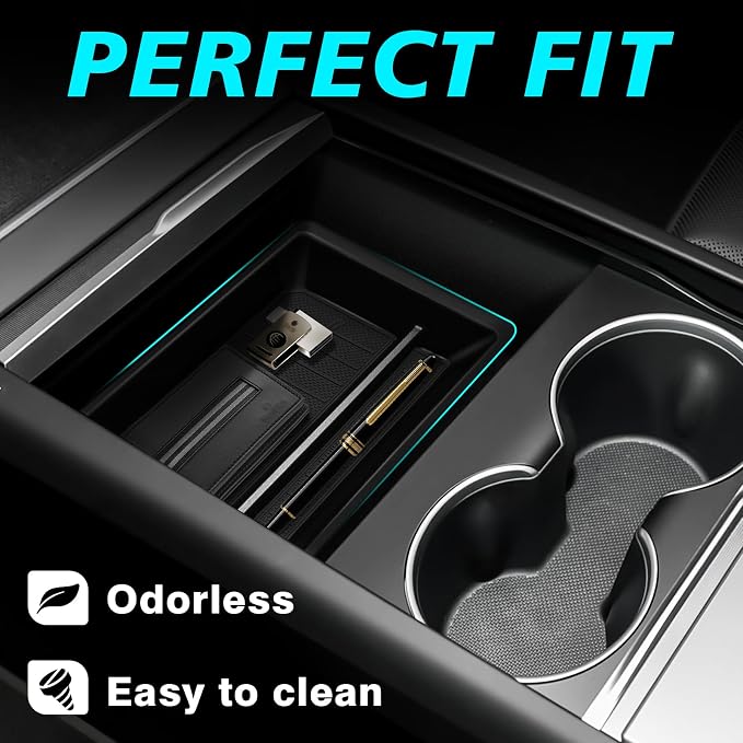 BestEvMod 3PCS Center Console Organizer Fit for 2026 2025 Tesla New Model Y Juniper Accessories Slide smoothly Armrest Upper Storage Box Front Console Tray Wireless Charger Mat Silicone OEM Style
