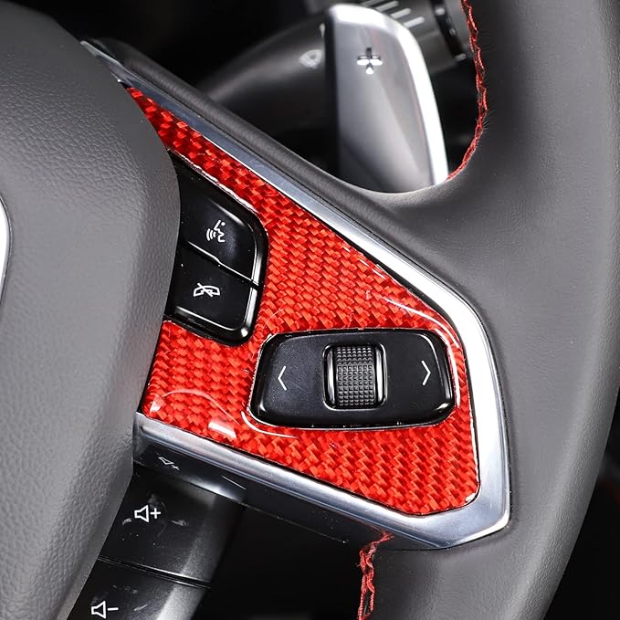 Steering Wheel Button Cover Compatible with Chevrolet Corvette C8 2020-2023, Steering Wheel Frame Trim, Car Steering Wheel Panel Protection Frame Molding Sticker (Red carbon fiber sticker)