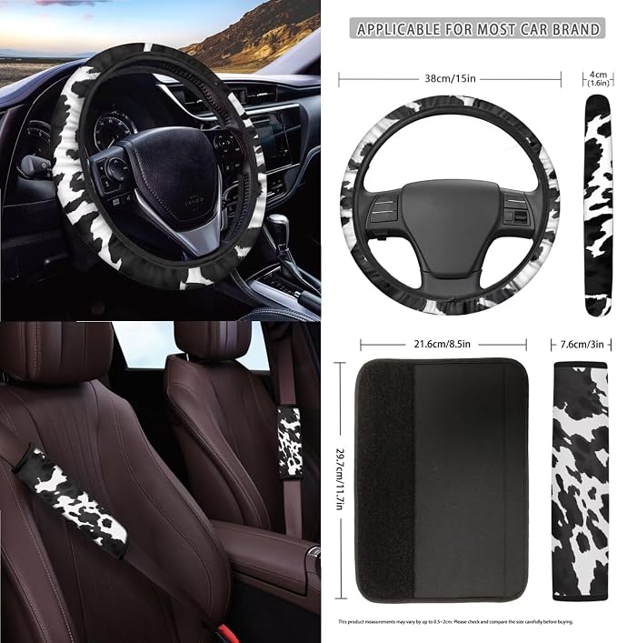 Cow Pattern Car Seat Covers Full Set Steering Wheel Cover Trash Can Air Vent Storage Bag Seatbelt Covers Rearview Mirror Cover Cup Coasters 15pcs Car Interior