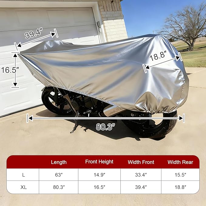 Dream Apparel Motorcycle Half Cover, Waterproof Motorcycle Cover for Outdoor, Rain Snow Dust Protection Universal Fit Heavy Duty Motorbike Vehicle Cover with Storage Bag, Silver XL