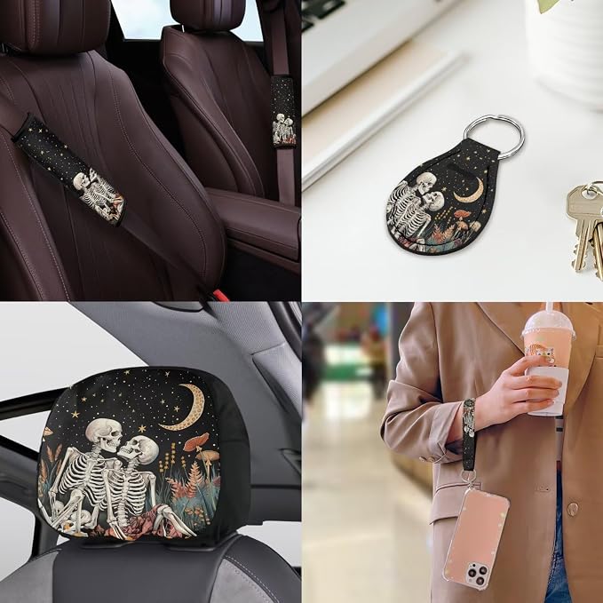 Skull Car Seat Covers Full Sets 18 Pcs Universal Car Interior Accessories Sets with Gothic Skeleton Steering Wheel Car Covers Washable Car Headrest Covers Hanging Car Trash Can,Universal Fit