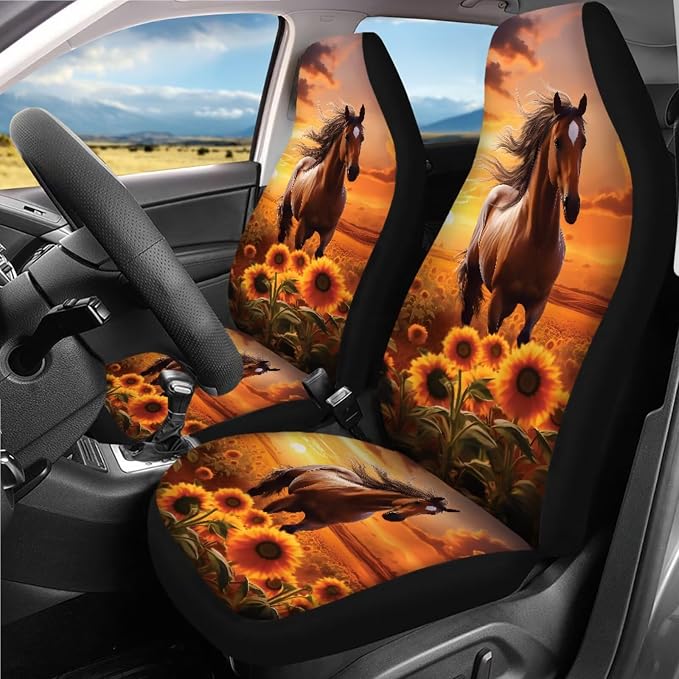 Horse Sunflower Car Accessories Full Set 18 Pcs Brown Horse Car Seat Covers Full Set Steering Wheel Car Covers Seat Belt Pads Cover Vehicle Trash Bag Armrest Box Pad Universal Fit