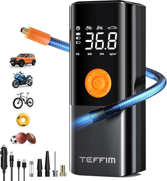 Tire Inflator Portable Air Compressor, Air Pump for Car Tires with LED Light, Cordless Tire Pump with Pressure Gauge,Tire Inflator for Car, Motorcycle, Bike