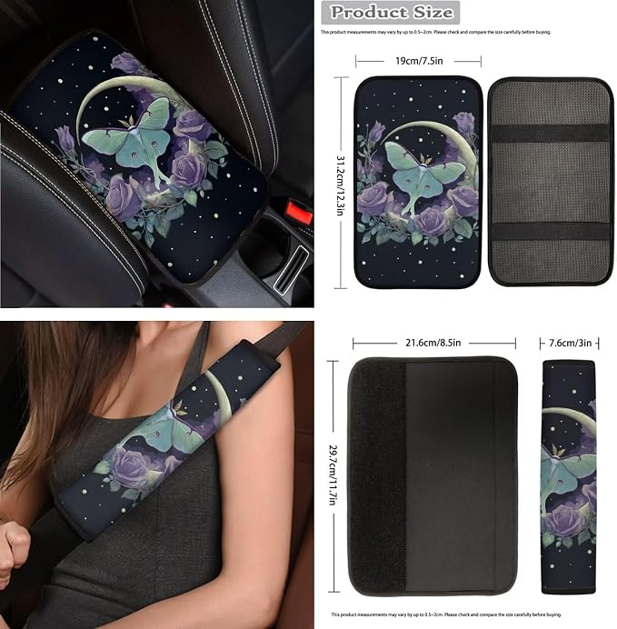 Moth Moon Car Seat Covers Full Set 15 Pcs Universal Car Accessories Steering Wheel Cover Seat Belt Pads Garbage Bag Car Headrest Pillow Covers Armrest Pad