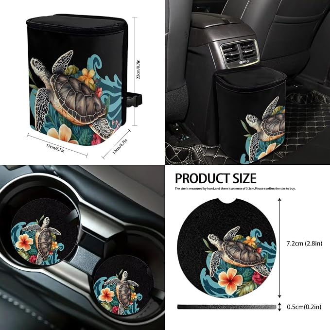 Suobstales Turtle Plumeria Sea Wave Print Car Seat Covers Set of 13 with Universal Steering Wheel Cover, Rearview Mirror Cover, Car Trash Can, Seatbelt Pads, Cup Holder Coasters, Keychains