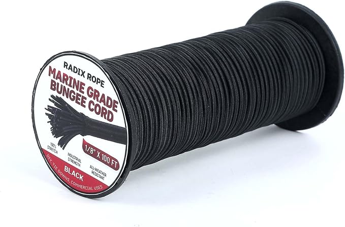 Marine Grade Bungee Cords Heavy Duty Outdoor - 1/8" x 100ft Bungee Cord Roll - 100% Stretch Elastic Cord and Absorbent Bungee Shock Cord for Kayak Deck, Camping, Crafting